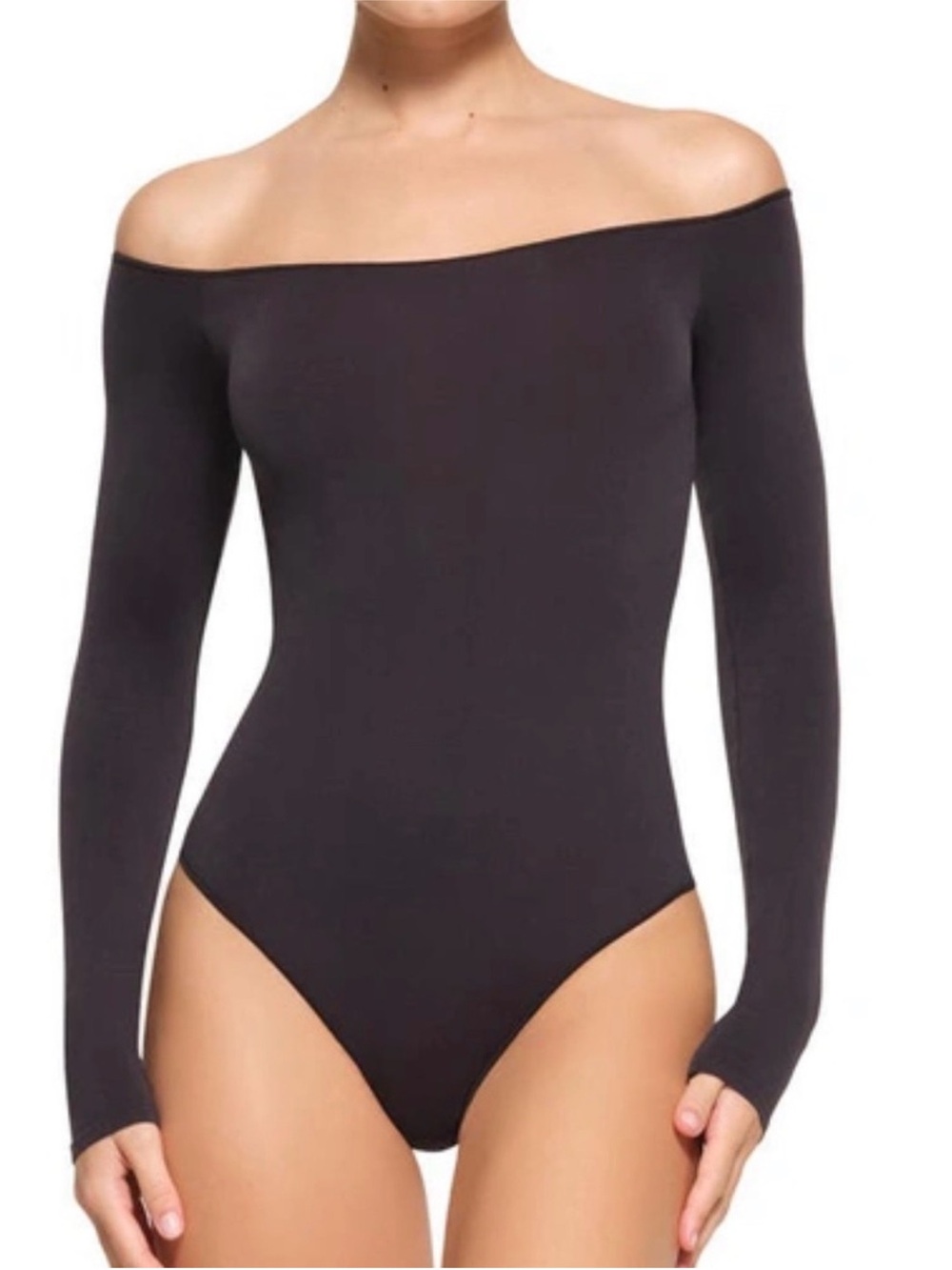 SKIMS NWT Cotton Jersey Off the Shoulder Thong Bodysuit - Soot
